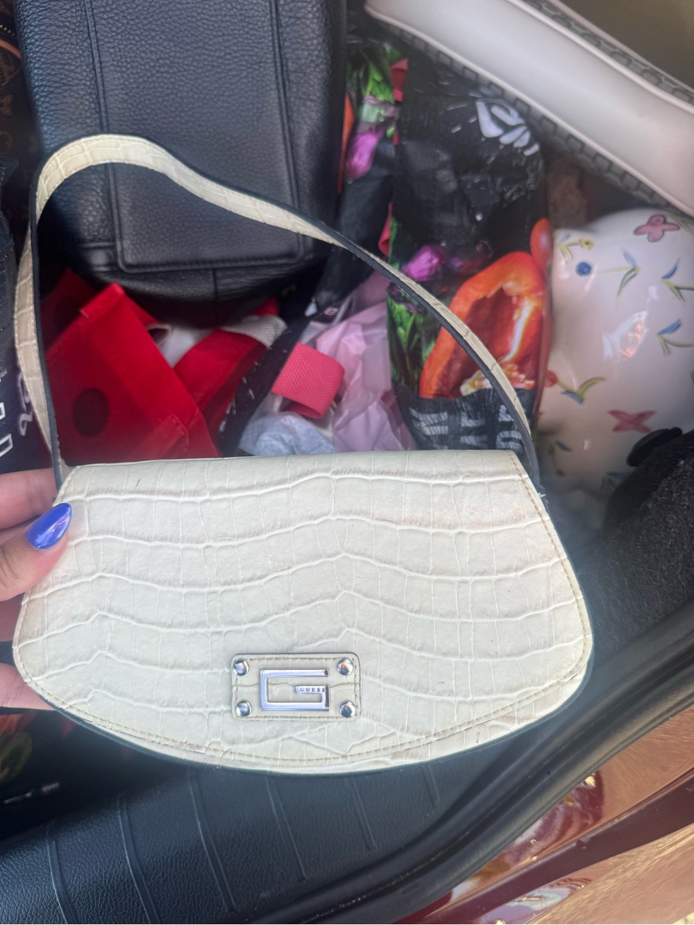 Guess Croc-Embossed Shoulder Bag in Cream